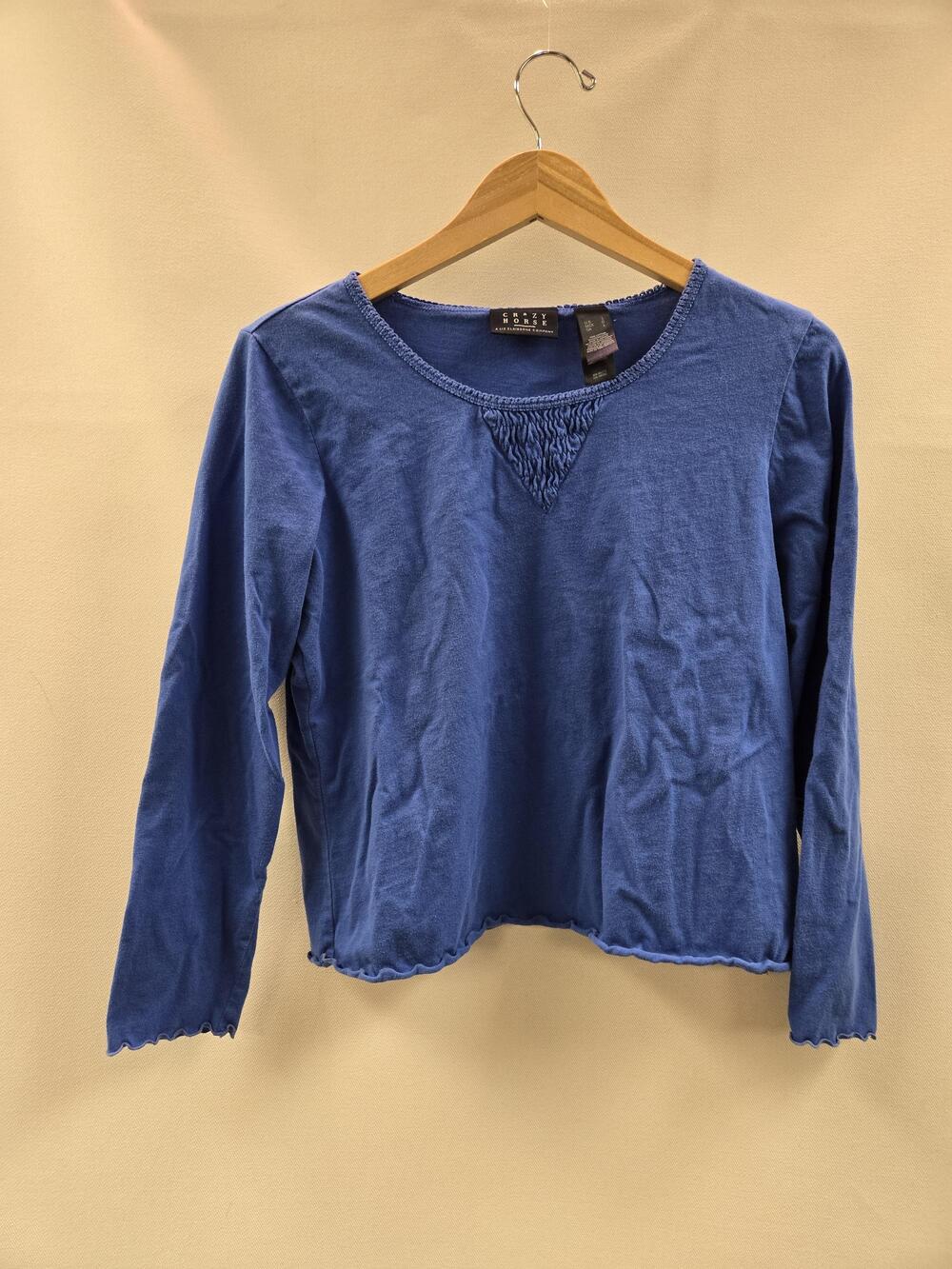 Crazy Horse Shirt Womens Large Blue Long Sleeve Lettuce Hem Ruffle Knit Top